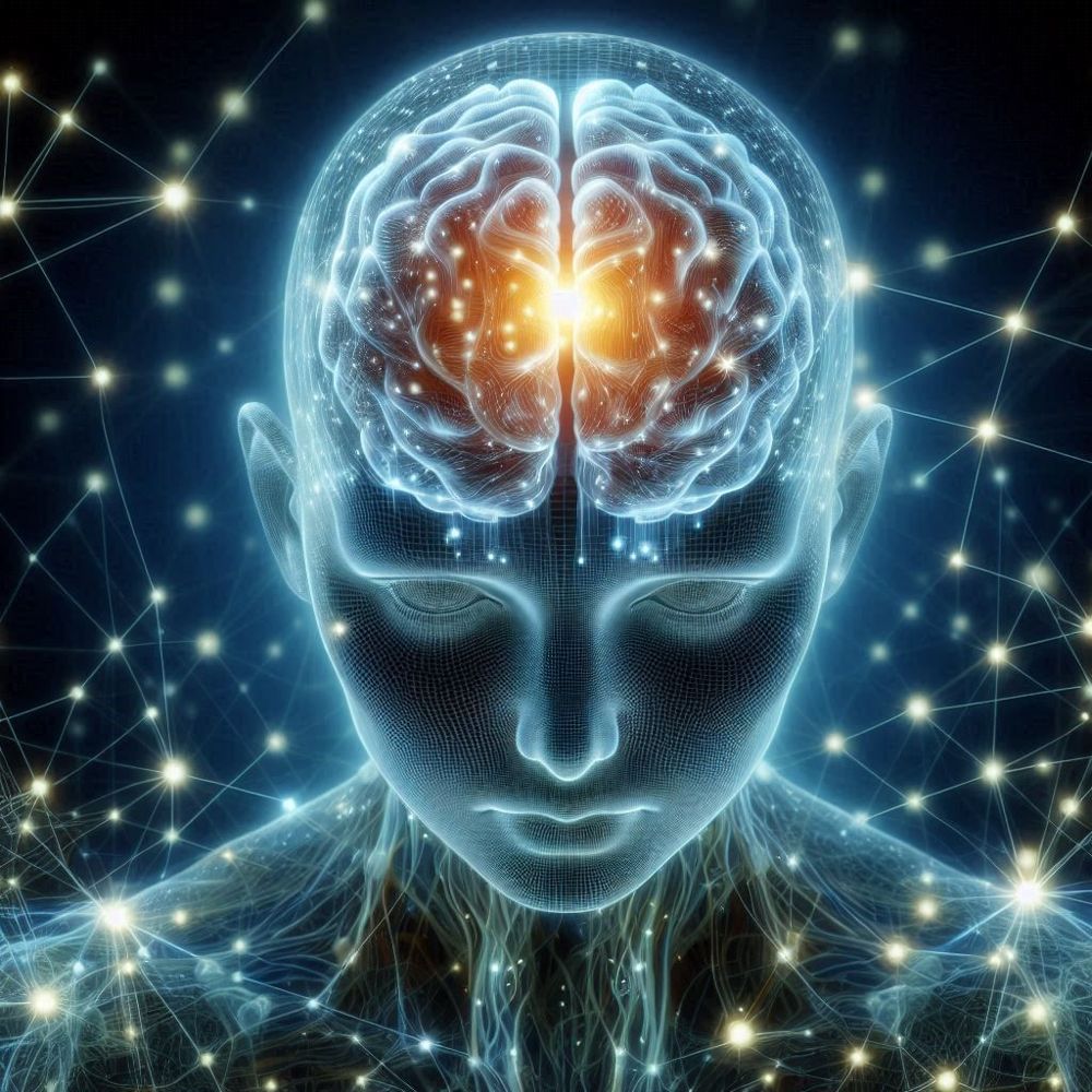 Silhouette humaine transparente et cerveau lumineux relié à un réseau de points