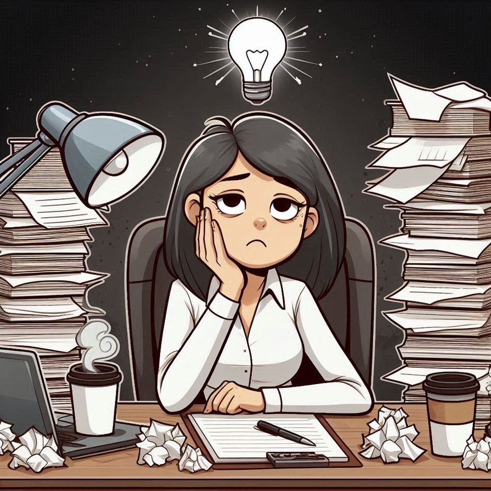 Femme fatiguée à son bureau, entourée de piles de documents