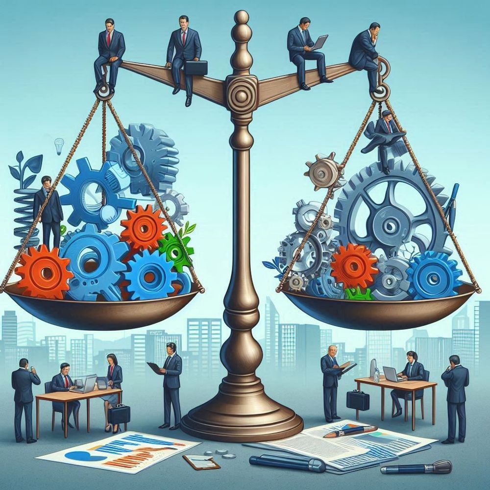 Balance dont chaque plateau porte des engrenages, image de l'équilibre entre contraintes et ressources