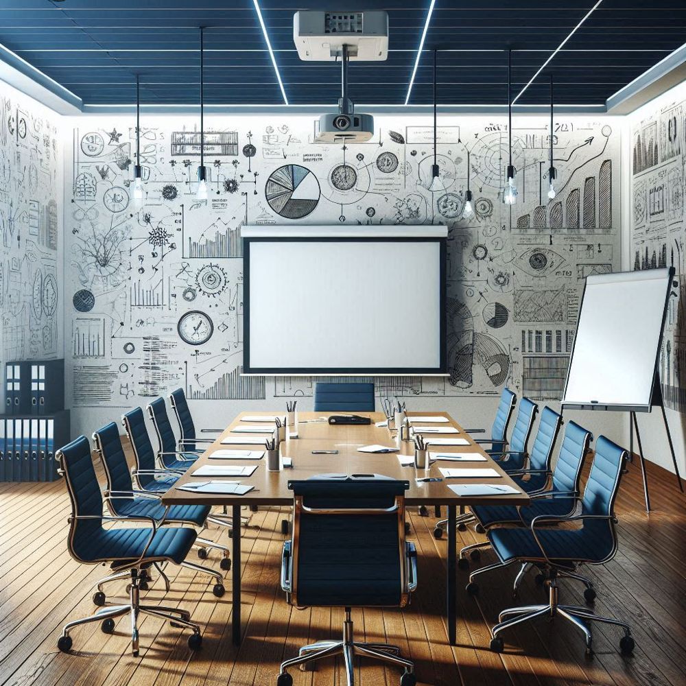 Salle de réunion équipée d'un écran et d'un paperboard